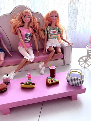 Handmade designer doll sofa new, eco leather pink with gold accents