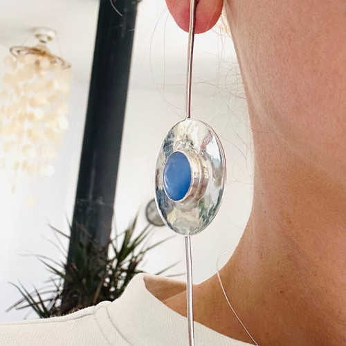 Handmade Georgian modernist earrings with blue cat’s eye stone used