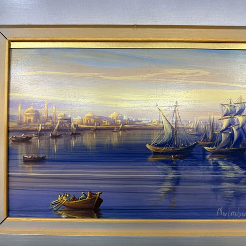 D. Nalbantis oil painting with wooden frame, view of Constantinople