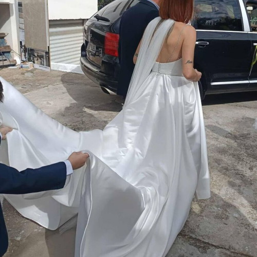 Galliano wedding dress satin with long train and tulle choker veil