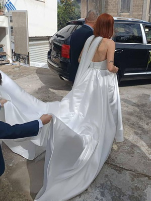 Galliano wedding dress satin with long train and tulle choker veil