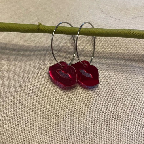 Red Lips Kisses earrings handmade new, small hoops with red lips design