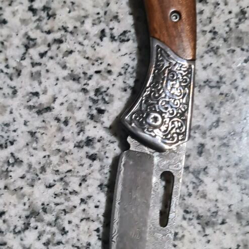 Damask steel folding pocket knife with wooden handle