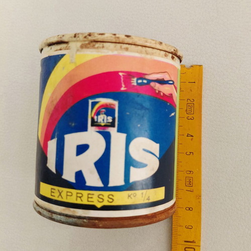 Iris vintage metal paint tin, 1960s