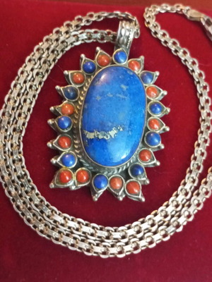 925 Necklace with Genuine Lapis and Coral like new
