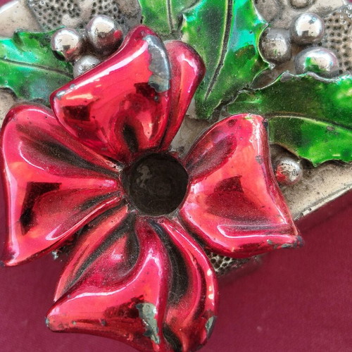 Decorative silver-plated box with red enamel flower and green leaves new