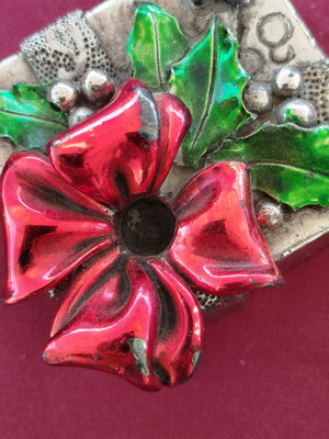 Decorative silver-plated box with red enamel flower and green leaves new