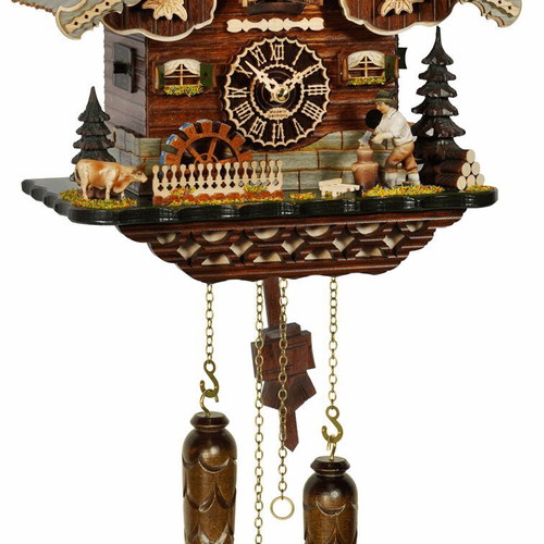 Cuckoo clock with alpine house, woodcutter motion, water mill, music, LED light