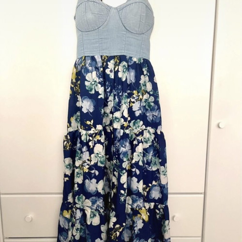 Floral Blue Dress With Denim Bust Like New, Size S