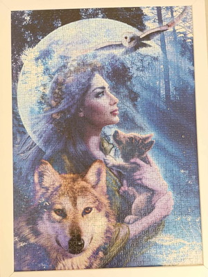Puzzle "Woman or Wolf" 1000 pieces like new, handmade in white frame