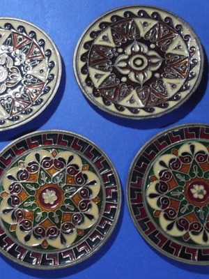 Vintage cloisonné enamel plates used, set of 4, brass Byzantine mosaic