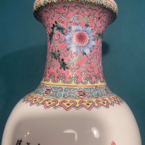 Chinese Famille Rose vase like new, 20th century with peacock and peony branch