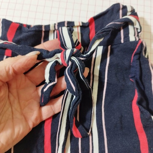 High-waist striped viscose shorts, navy with red and white stripes