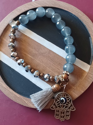 Bracelet with beads and Hamsa charm like new, blue and grey