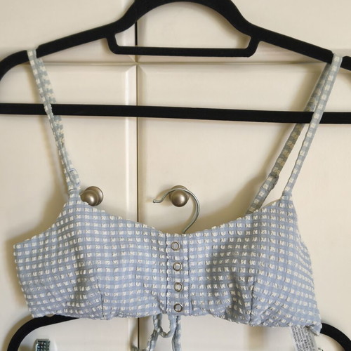 Oysho bikini set blue gingham seersucker top medium slip large like new