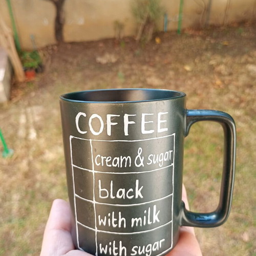 Chalk Talk mug used, personalized with chalk notes