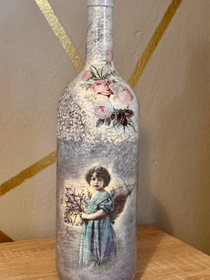 Χειροποίητο vintage διακοσμητικό μπουκάλι decoupage με αγγελάκι