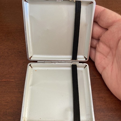 Vintage cigarette case used, red faux-leather and steel