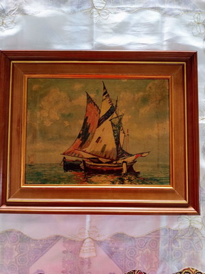 Vintage oil painting on canvas Seascape "Sailing Ships" used