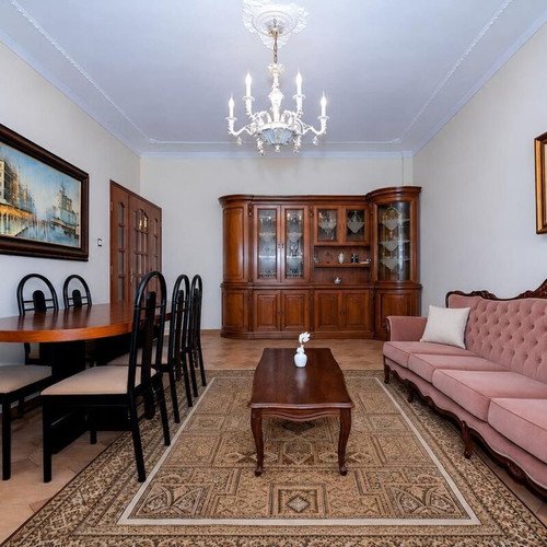 Living room furniture set with 2 chairs, 2 armchairs, dining table with 6 chairs, bar cabinet