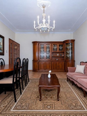 Living room furniture set with 2 chairs, 2 armchairs, dining table with 6 chairs, bar cabinet