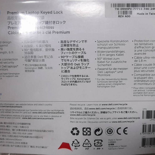 Dell Premium Laptop Keyed Lock new with 1.83m steel cable