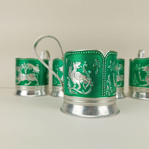 Old Soviet Russian set of 5 cup holders type podstakannik used