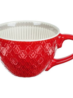 Set of 2 Giant Ceramic Mugs Red with Rhombus and Lines Design 450ml New