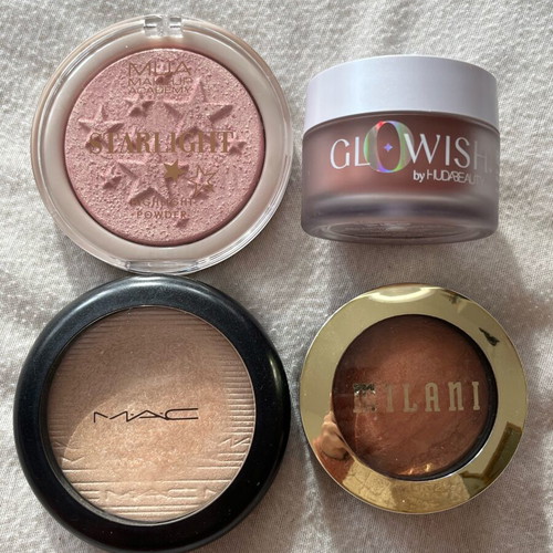 Set of highlighters, blush and primer Mac, Huda Beauty, Milani, Mua used