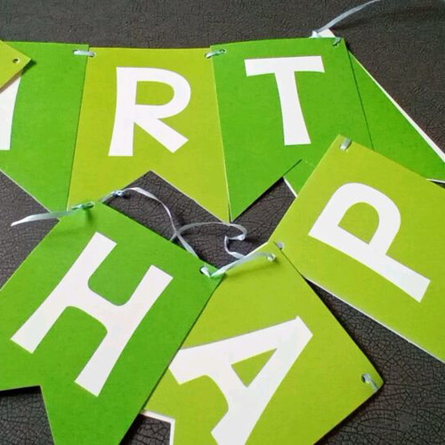 Happy birthday cards like new, tied with string, green and light green
