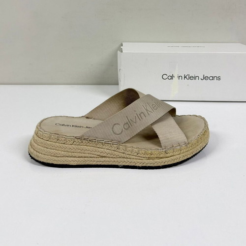 Calvin Klein Jeans Sporty Wedge Rope Sandal used, size 40, beige and gray