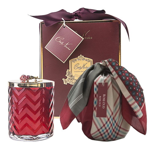 Herringbone Candle with Rose Oud Scarf, Red and Gold