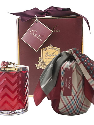 Herringbone Candle with Rose Oud Scarf, Red and Gold