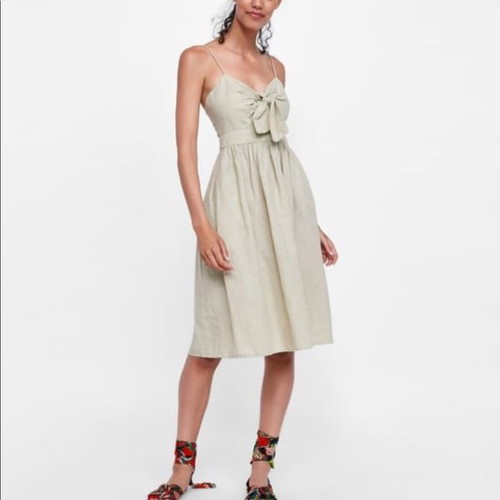 Zara cotton midi dress with front tie bow, beige, XS
