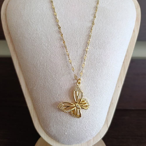 Butterfly necklace with zircon, like new, stainless steel, gold color