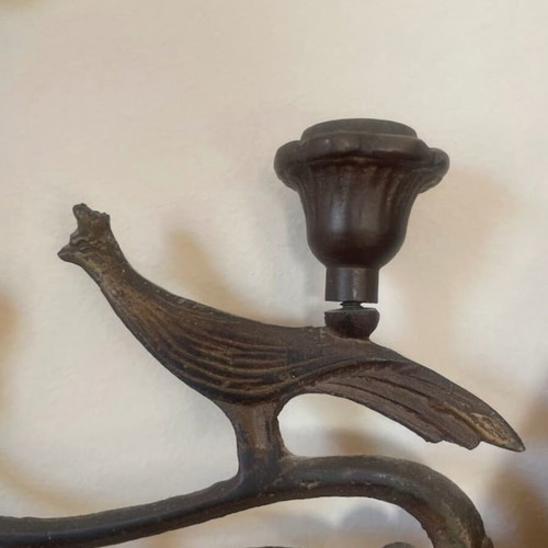 Art Nouveau wall-mounted double candlestick with Saint George and peacocks