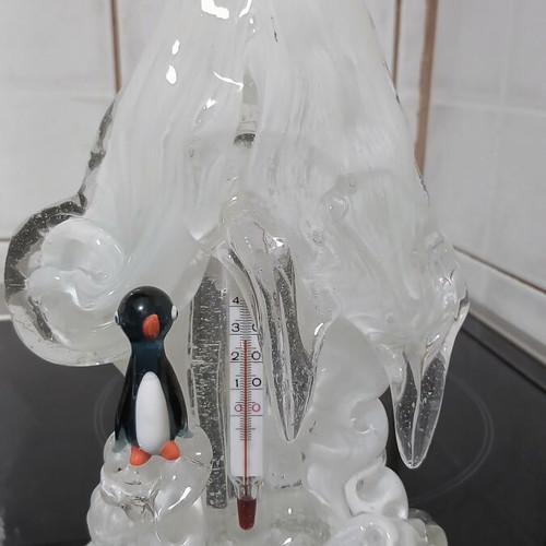 Jaroslav Brychta Glass Thermometer with Penguin, ŽBS Czechoslovakia 1950s
