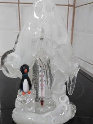 Jaroslav Brychta Glass Thermometer with Penguin, ŽBS Czechoslovakia 1950s