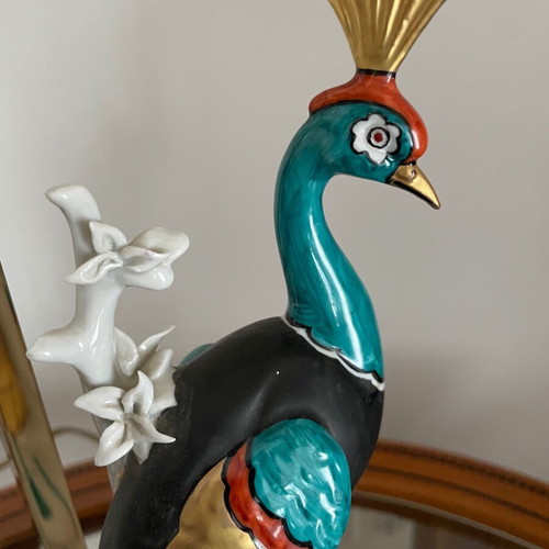 Table lamp made of painted porcelain in peacock shape like new