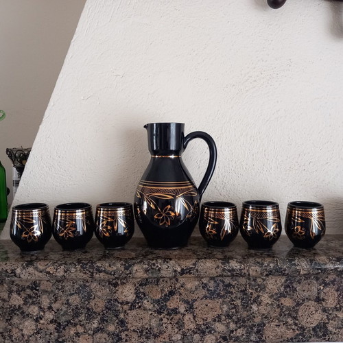 Vintage ceramic serving set with carafe and 6 glasses 70s-80s used