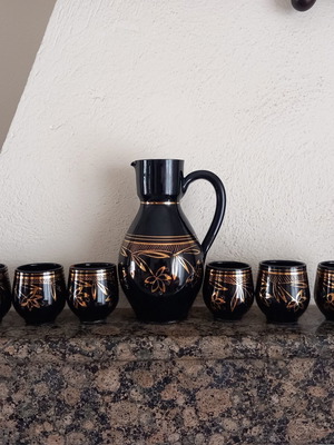 Vintage ceramic serving set with carafe and 6 glasses 70s-80s used