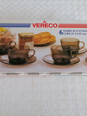 Vereco tea cups set of 6 unused, glass smoked color
