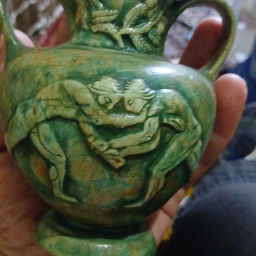 Ceramic amphora with green patina, handmade, used