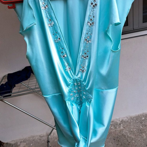 Satin blouse used with decorative stones, size XL turquoise