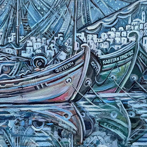 Acrylic painting Kaikia at the harbor under moonlight by Grigoris Christidis