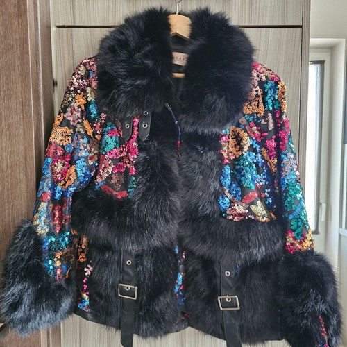 Azaka Fur Outerwear Onesize with Faux Leather and Sequin Embroidery, New