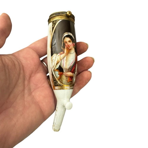Philhellenic pipe 19th century used, porcelain and brass