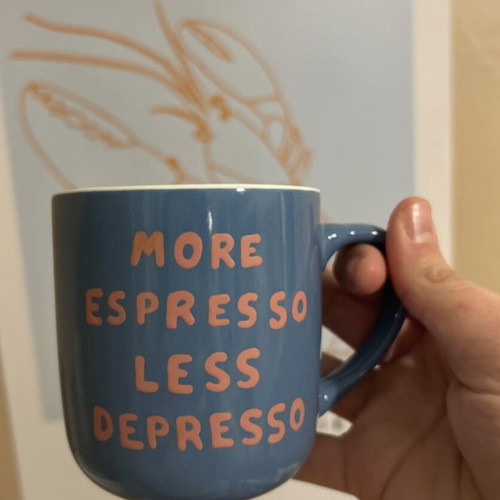 Hand-painted mug new with More Espresso Less Depresso design