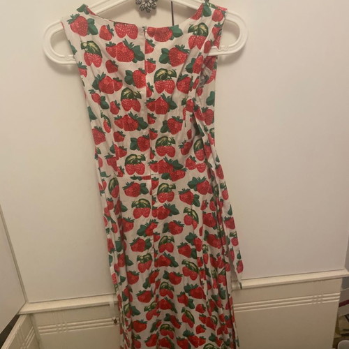 Women's dress with strawberries, below knee length, with belt