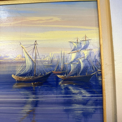 D. Nalbantis oil painting with wooden frame, view of Constantinople